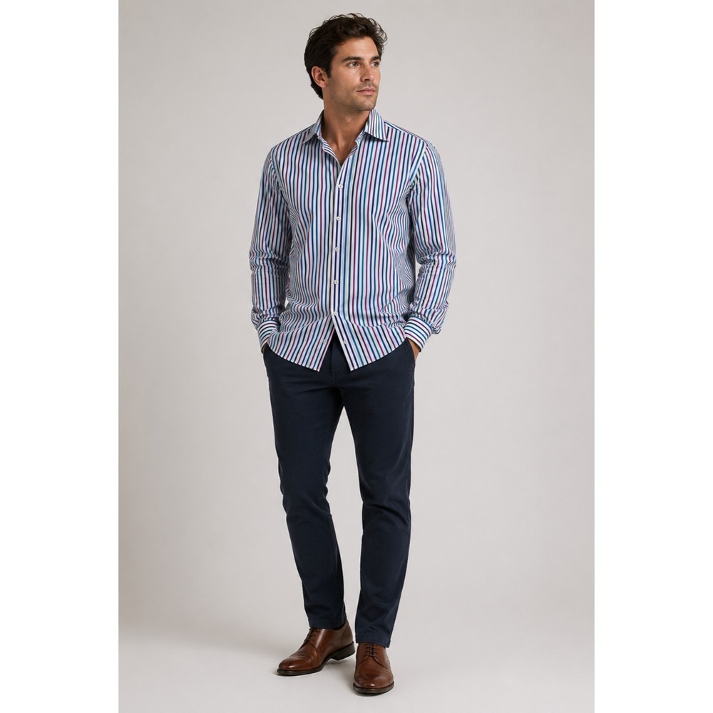 Peter Millar Button Front Shirt Mens Large White Blue Pink Green Stripe Cotton